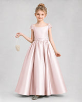 Blush pink satin A-line pageant dress front view