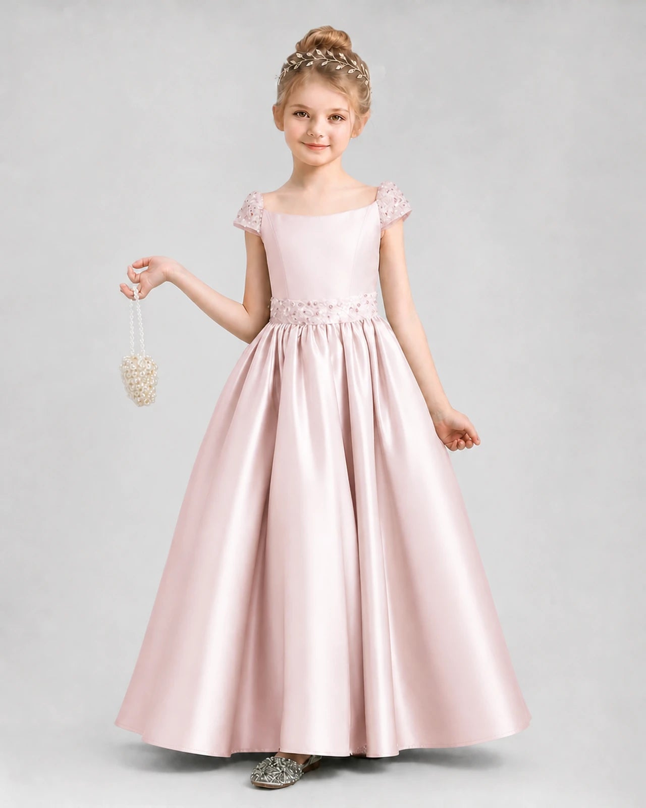 Blush pink satin A-line pageant dress front view