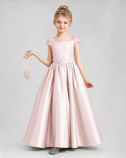 Blush pink satin A-line pageant dress front view