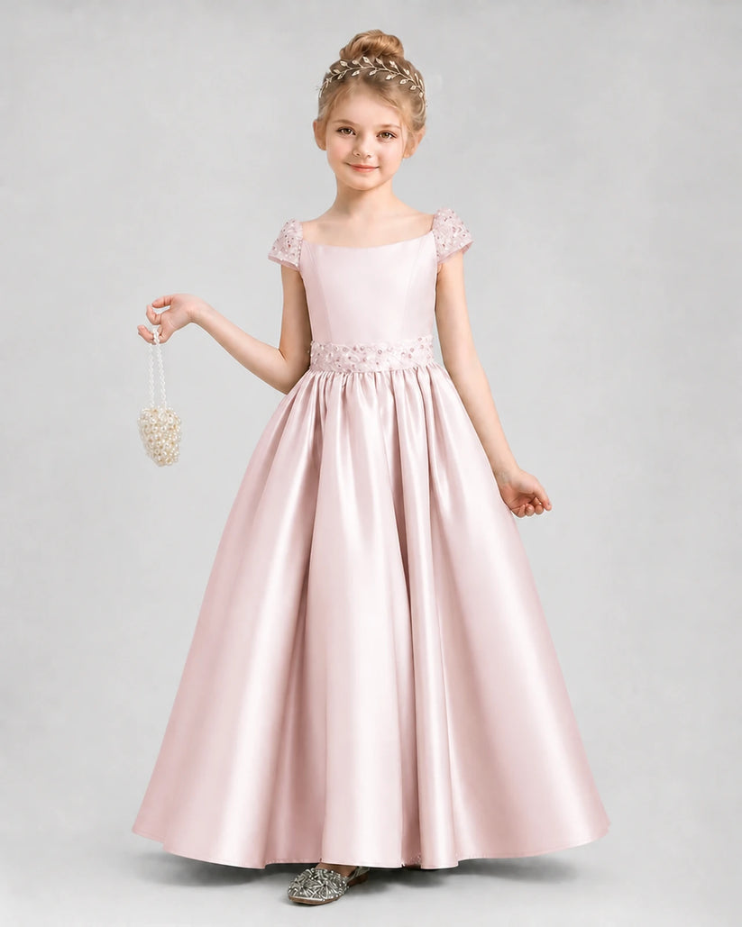 Blush pink satin A-line pageant dress front view