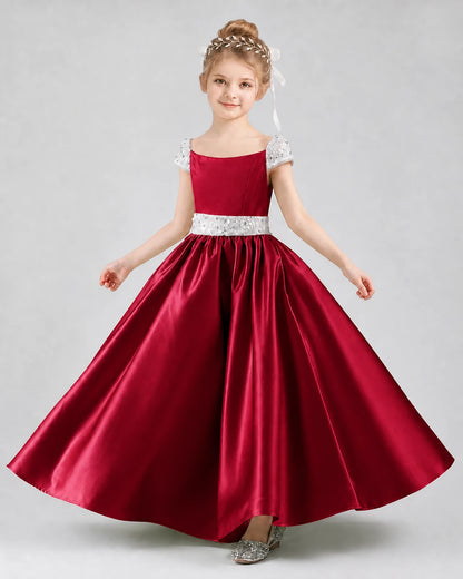 Burgundy satin ball gown pageant dress