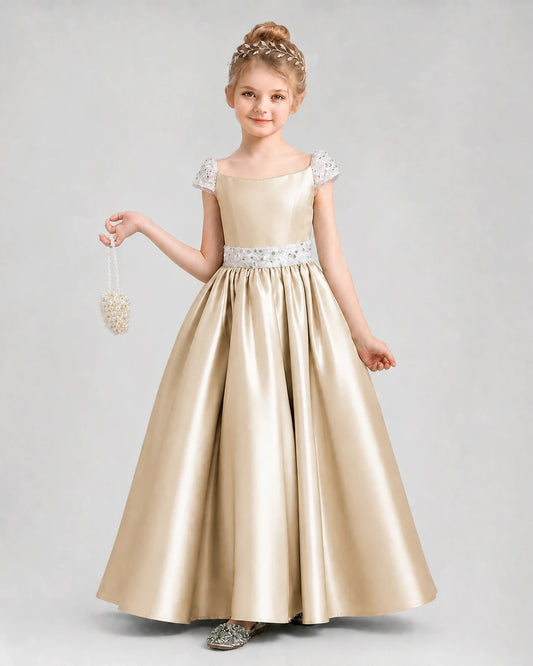 Champagne satin A-line pageant dresses Front View