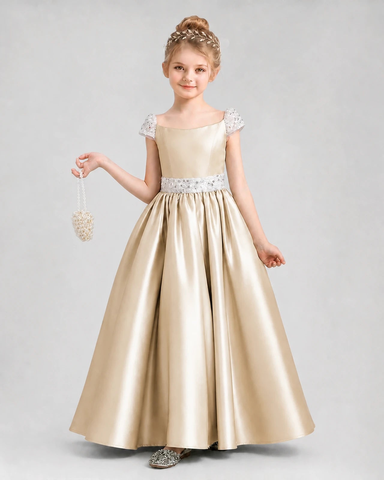 Champagne satin A-line pageant dresses Front View