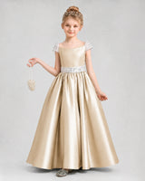 Champagne satin A-line pageant dresses Front View
