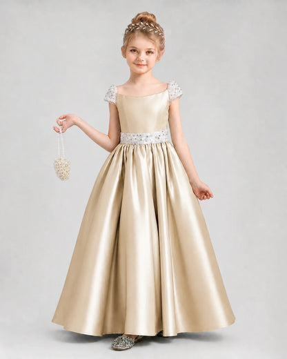 Champagne satin A-line pageant dresses Front View