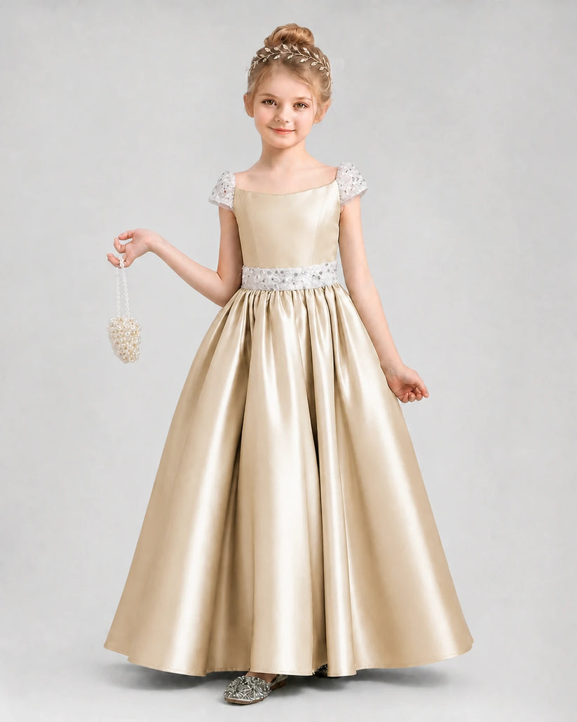 Champagne satin A-line pageant dresses Front View