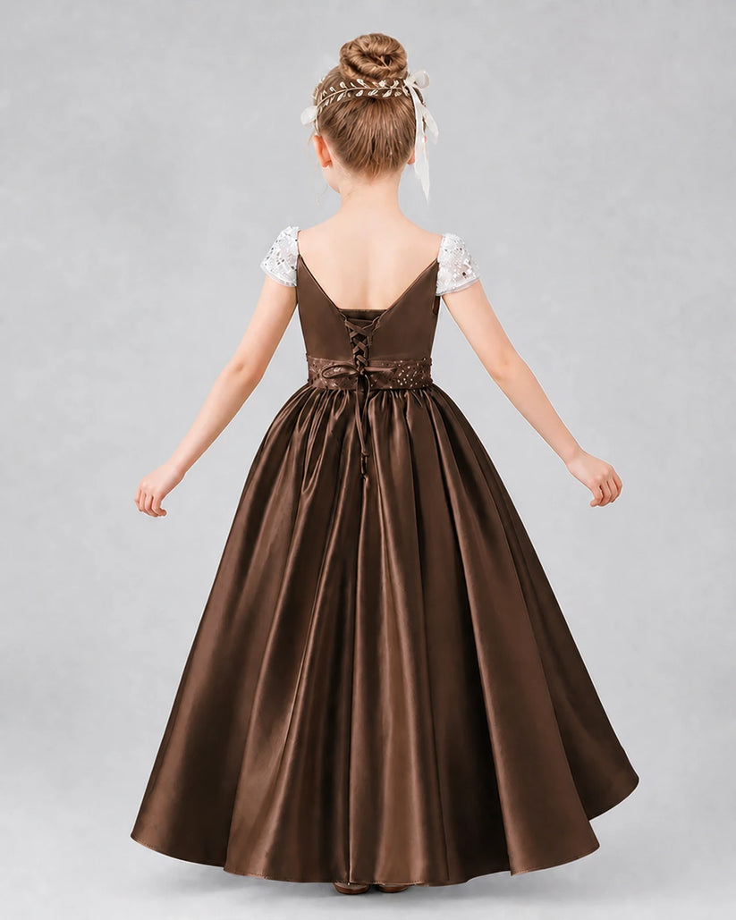 Chocolate Satin A-Line Pageant Dress Back View