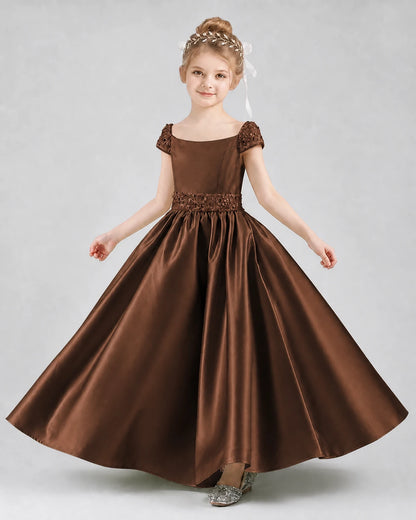 Chocolate Satin Cap Sleeve A-Line Pageant Dresses