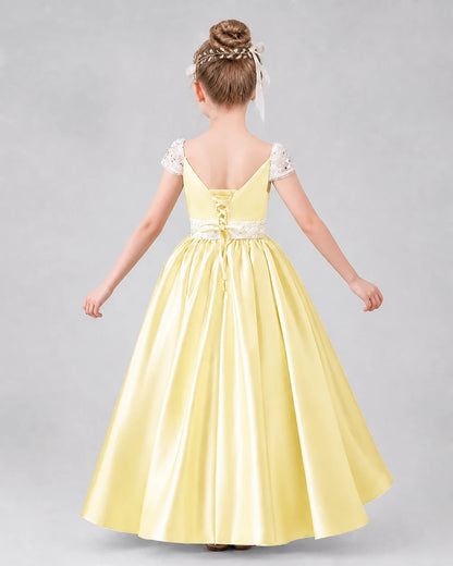 Daffodil satin A-line pageant dress, Back View