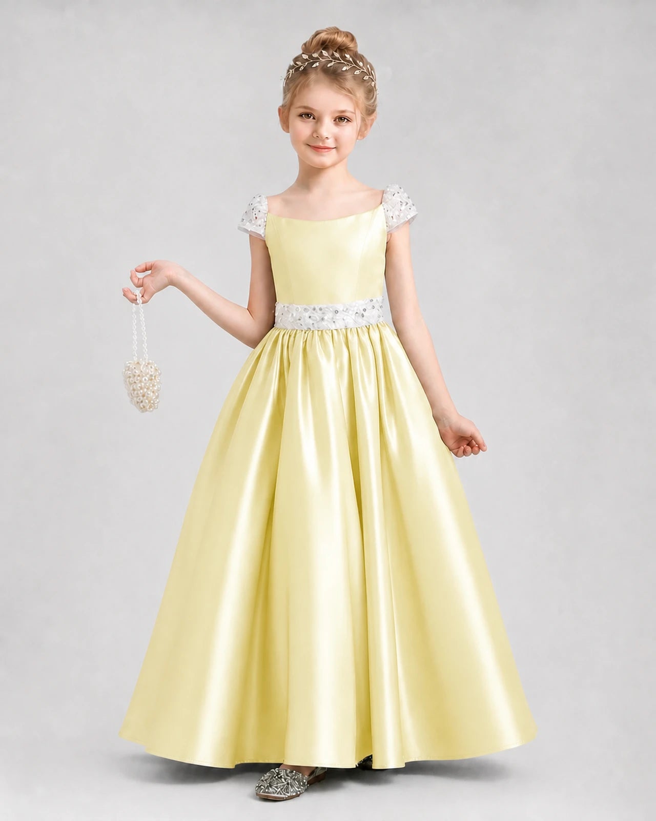 Daffodil satin A-line pageant dress Front View