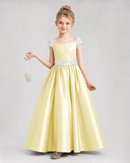 Daffodil satin A-line pageant dress Front View