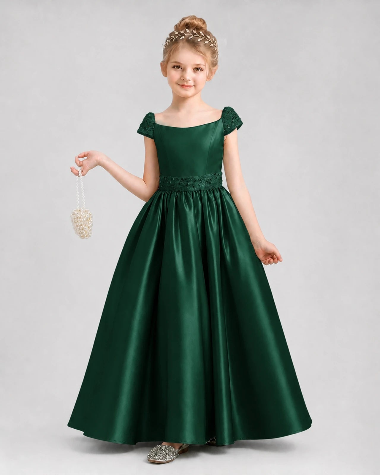 Dark Green Satin A-Line Pageant Dress Front View