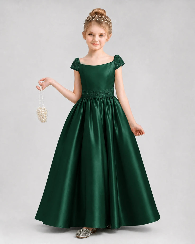 Dark Green Satin A-Line Pageant Dress Front View
