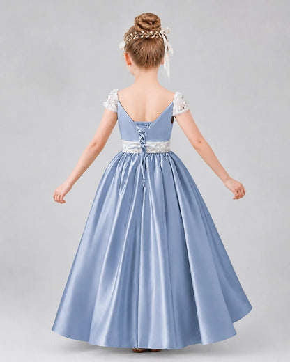 Dusty Blue Satin A-Line Pageant Dress Back View
