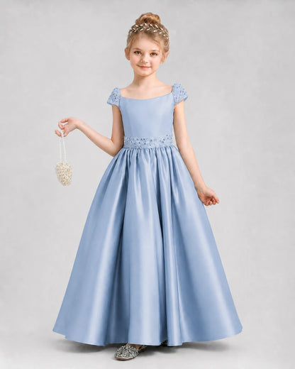 Dusty Blue Satin A-Line Pageant Dresses Front View