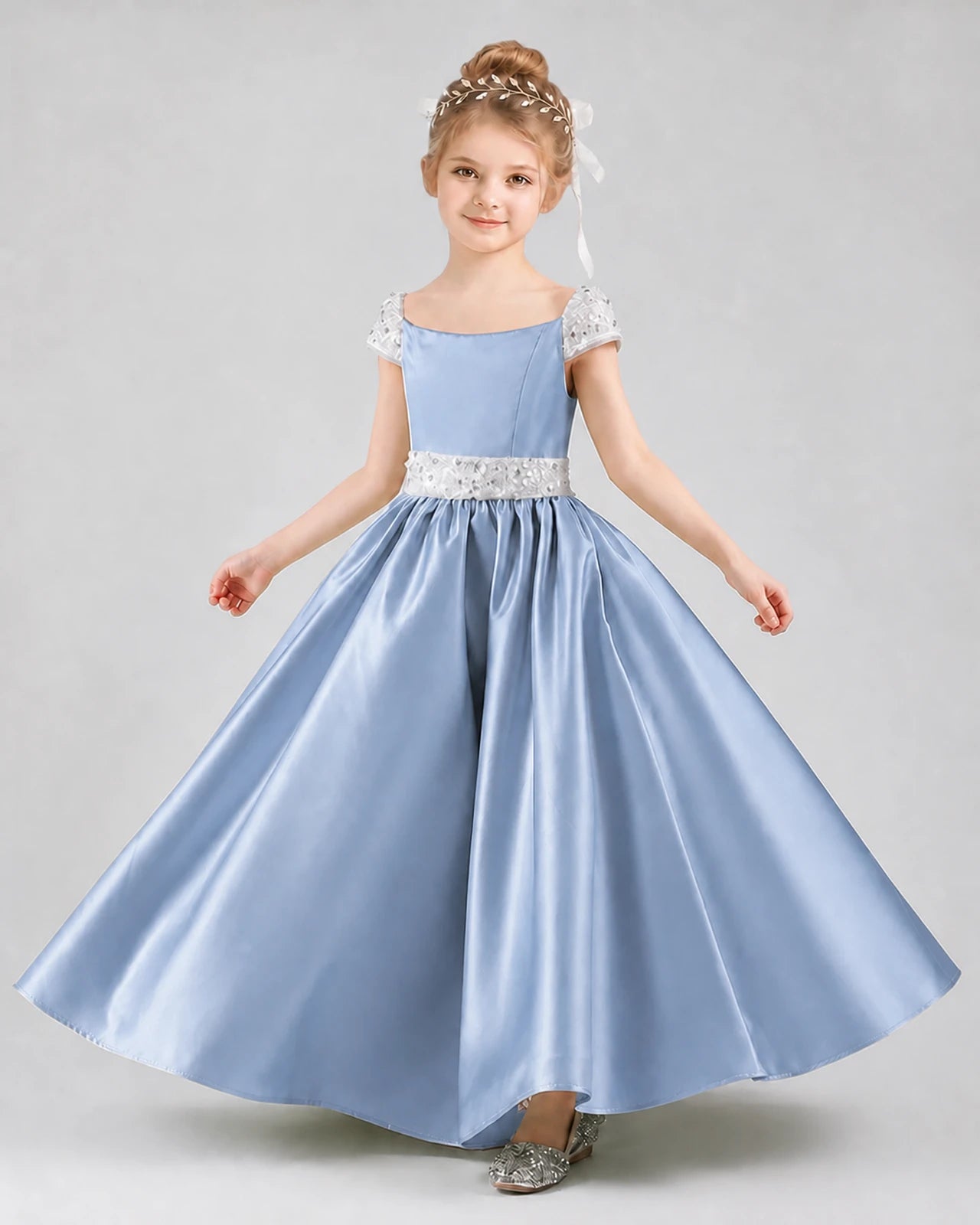 Dusty blue satin A-line pageant dress