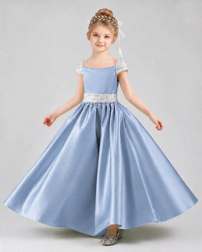 Dusty blue satin A-line pageant dress