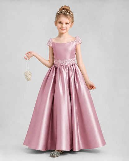 Dusty Rose Satin Ball Gown Pageant Dresses Front View