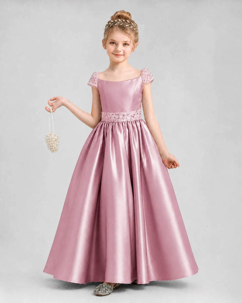 Dusty Rose Satin Ball Gown Pageant Dresses Front View