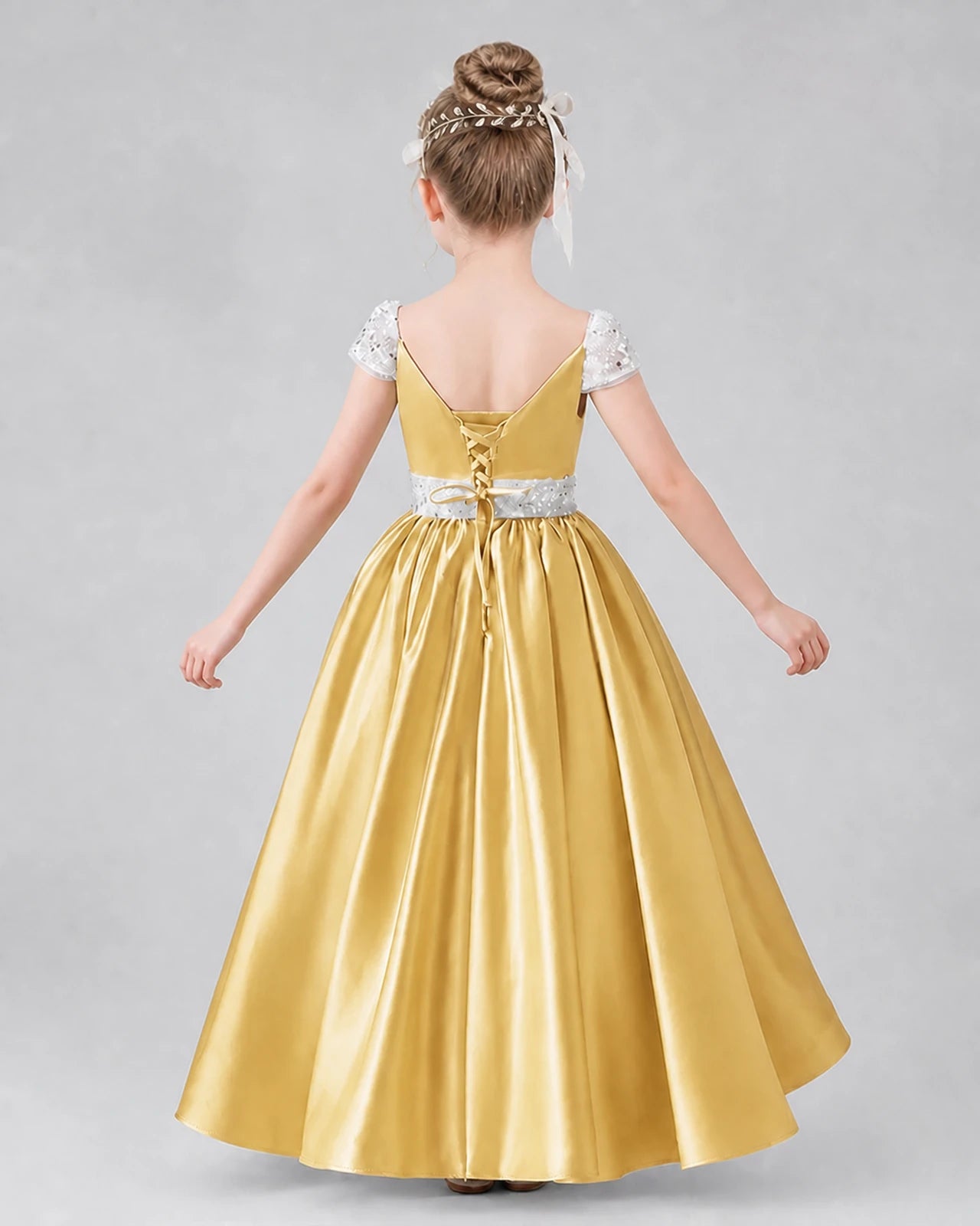 Gold satin ball gown pageant dress, back view.