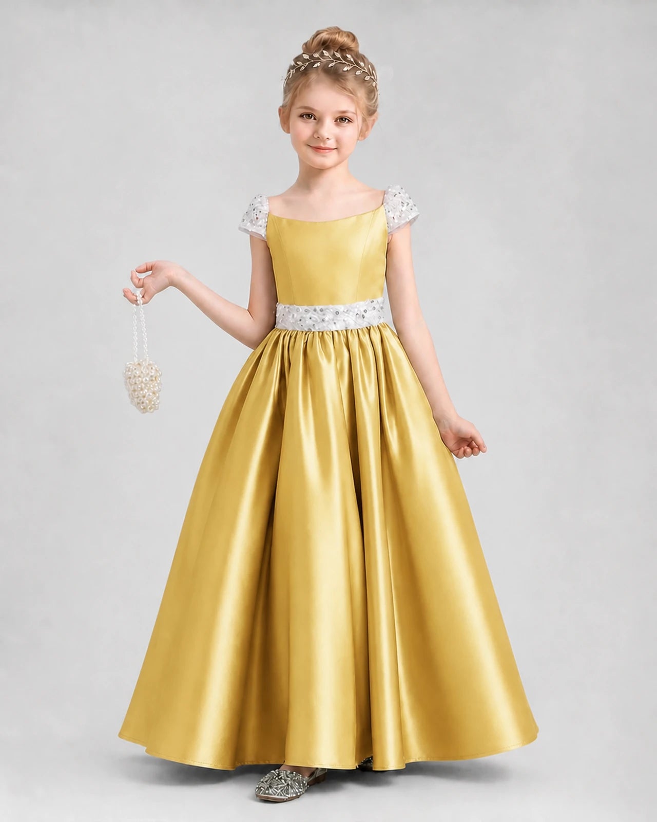 Gold Satin A-Line Pageant Dresses Front View