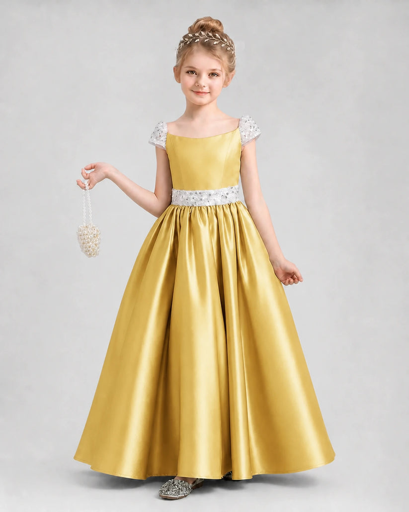 Gold Satin A-Line Pageant Dresses Front View