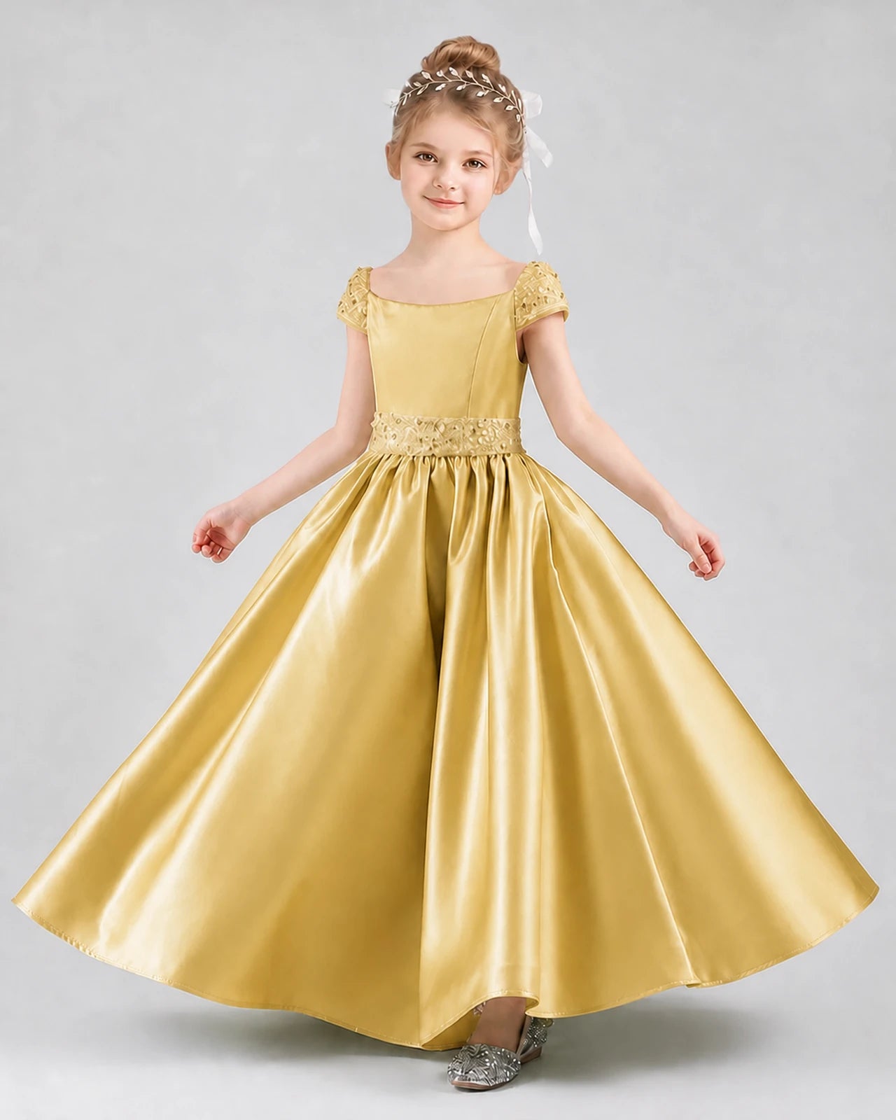 Gold satin A-line pageant dress