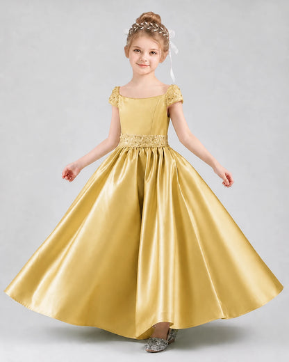 Gold satin A-line pageant dress