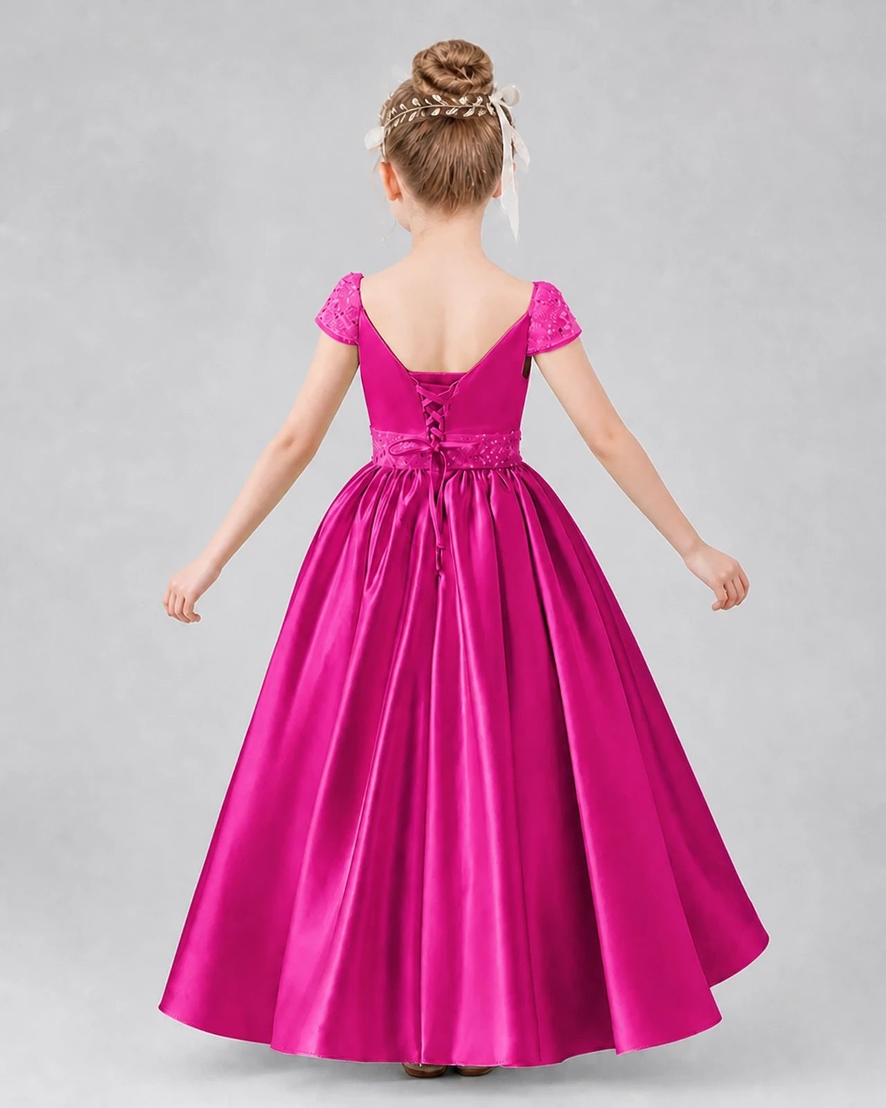 Hot Pink Satin Lace A-Line Pageant Dress Back View