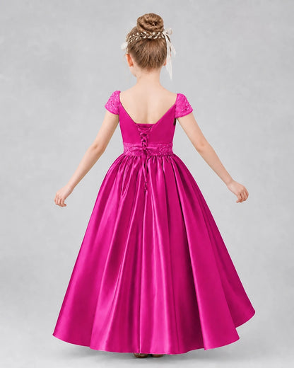 Hot Pink Satin Lace A-Line Pageant Dress Back View