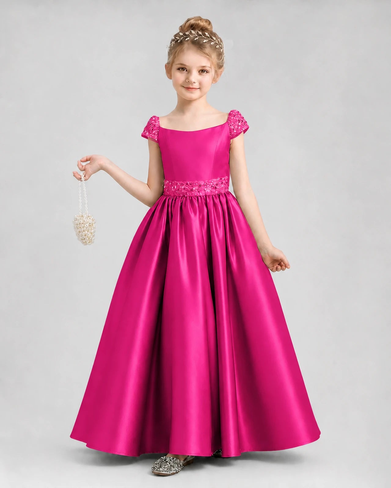 Hot Pink Satin Ball Gown Pageant Dresses Front View