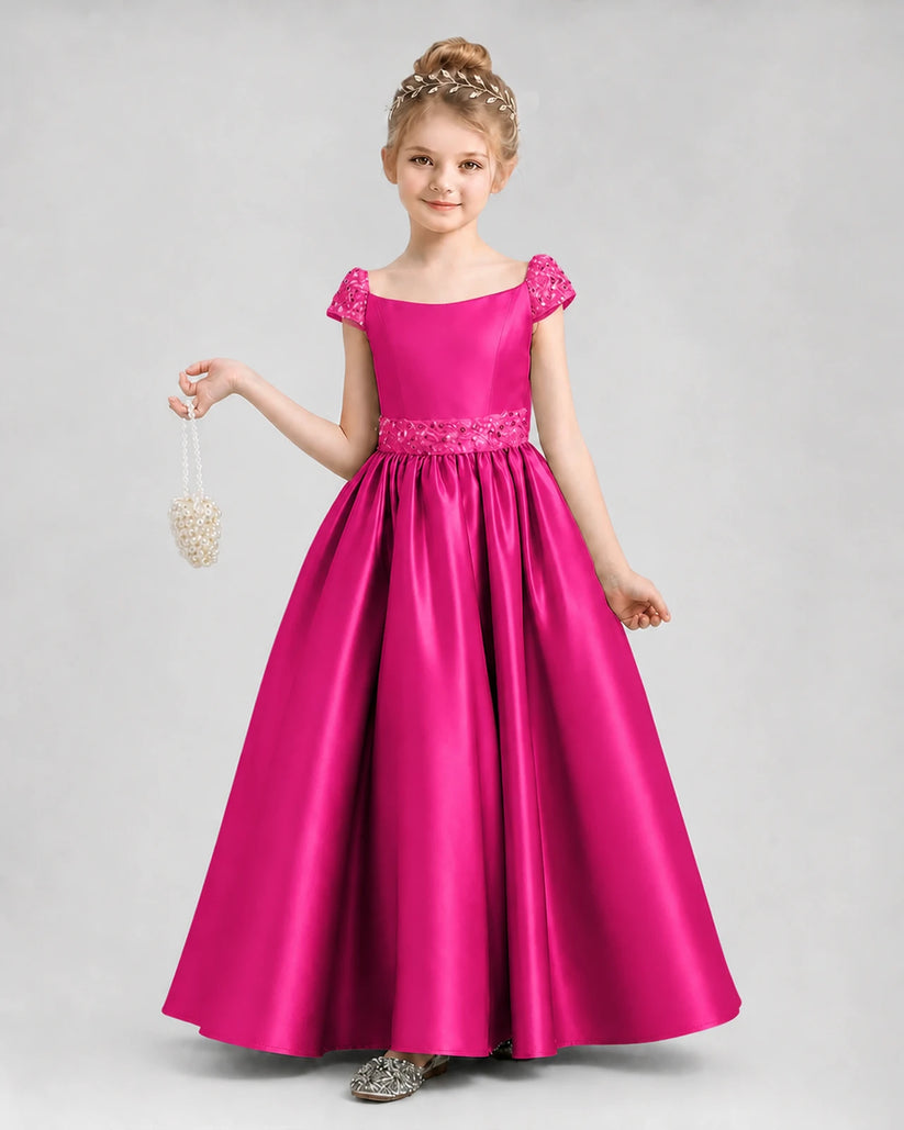 Hot Pink Satin Ball Gown Pageant Dresses Front View