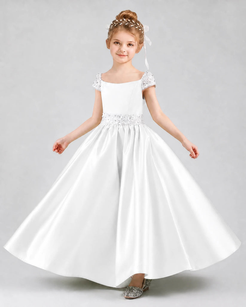 Ivory Satin A-Line Pageant Dress Front View