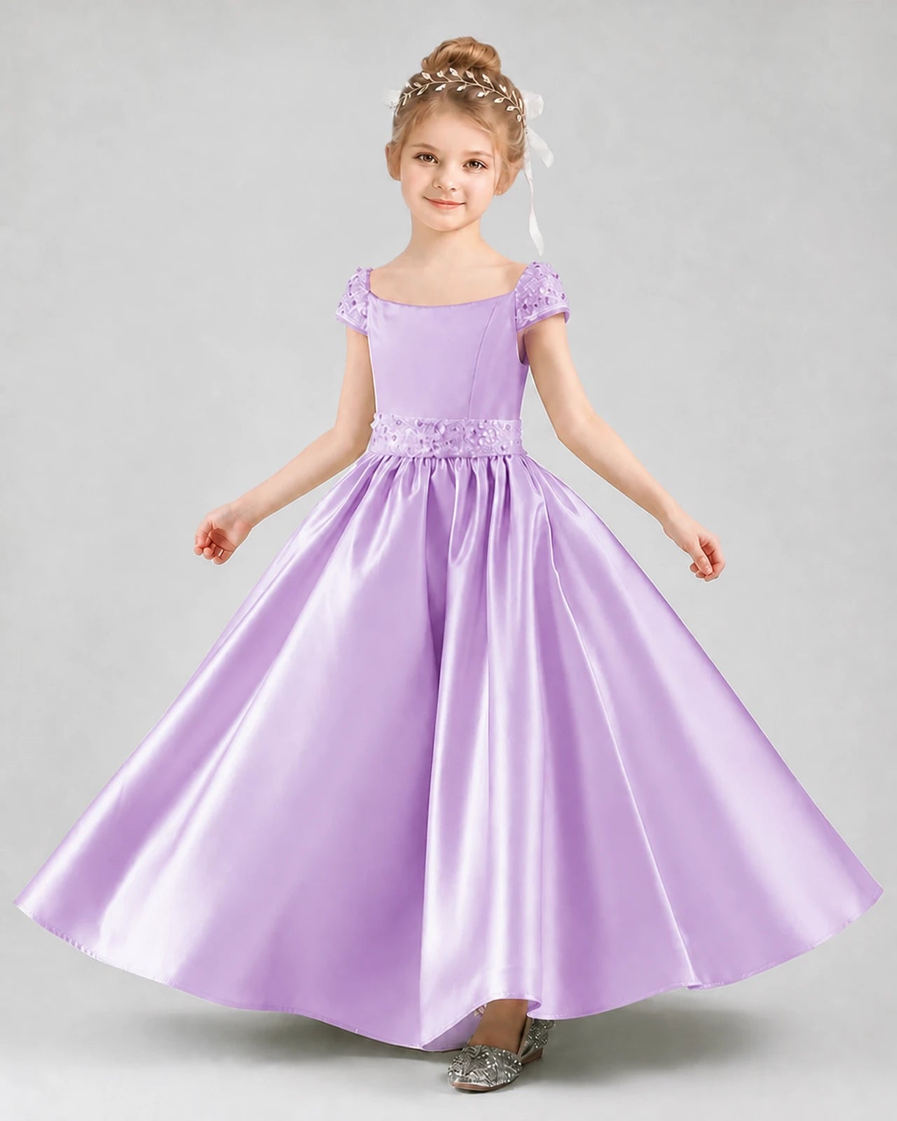 Lilac satin A-line pageant dress