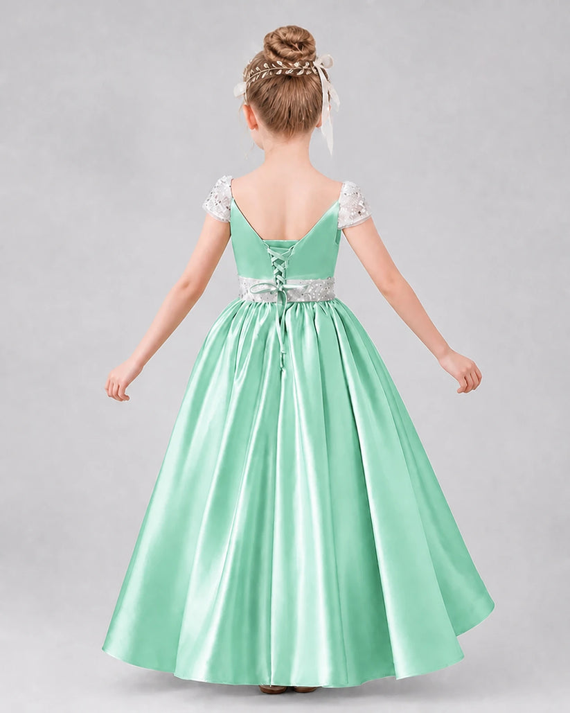 Mint Green Satin A-Line Pageant Dress Back View
