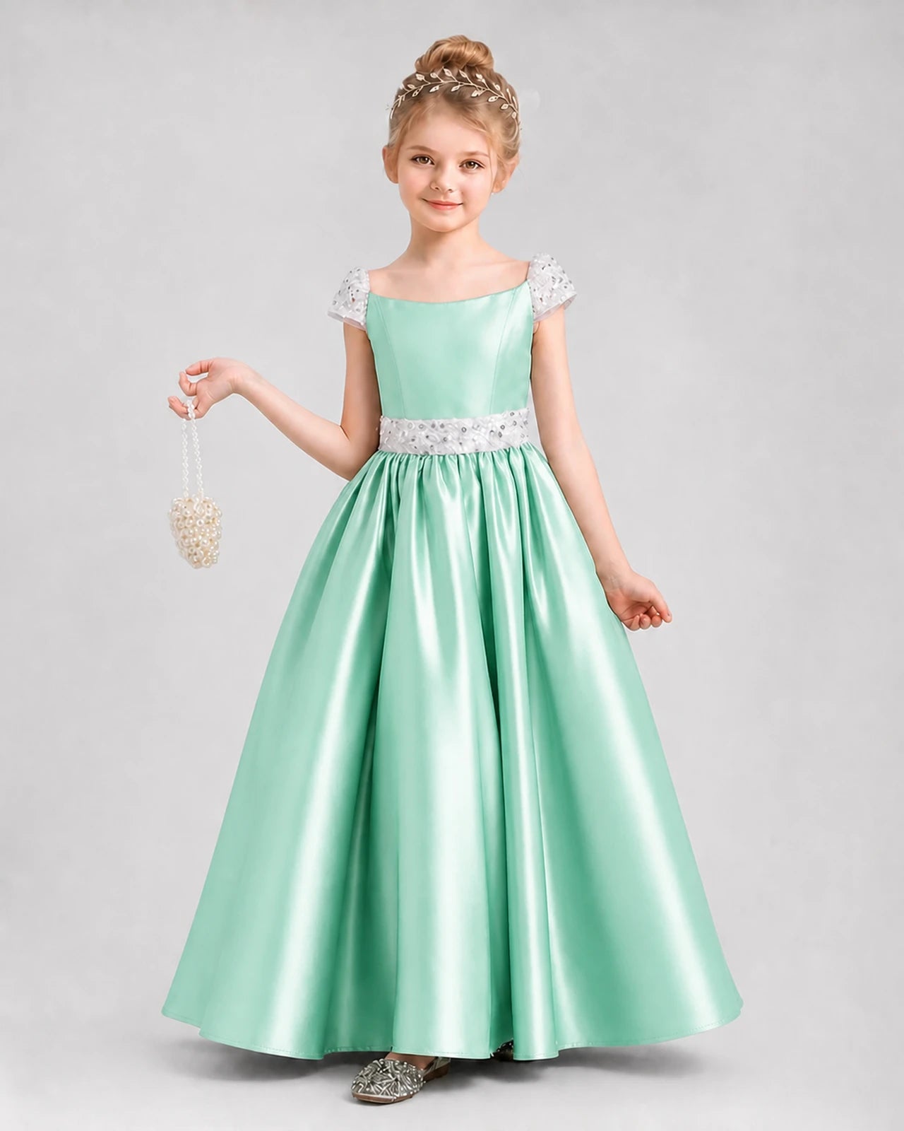 Mint Green Satin A-Line Pageant Dress Front View