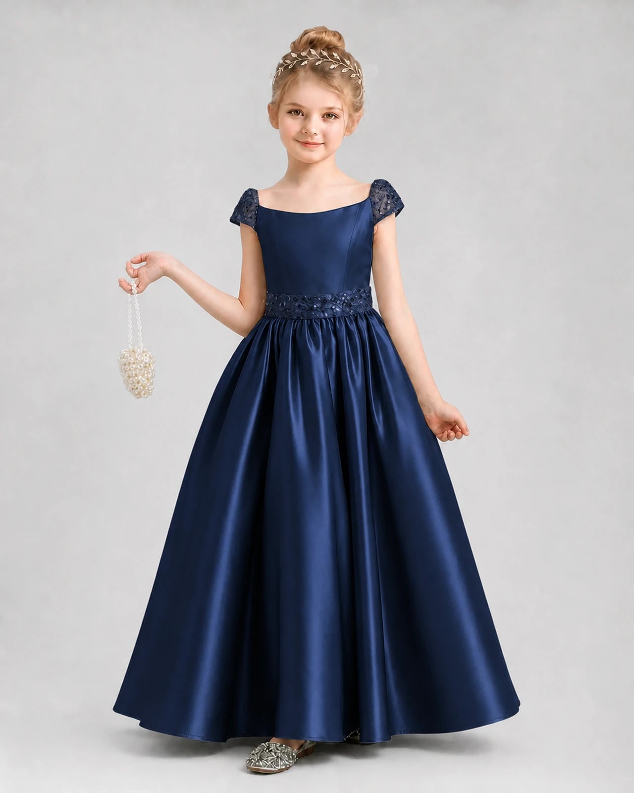 Navy Blue Satin A-Line Pageant Dress Front View