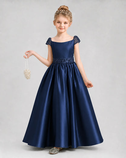 Navy Blue Satin A-Line Pageant Dress Front View