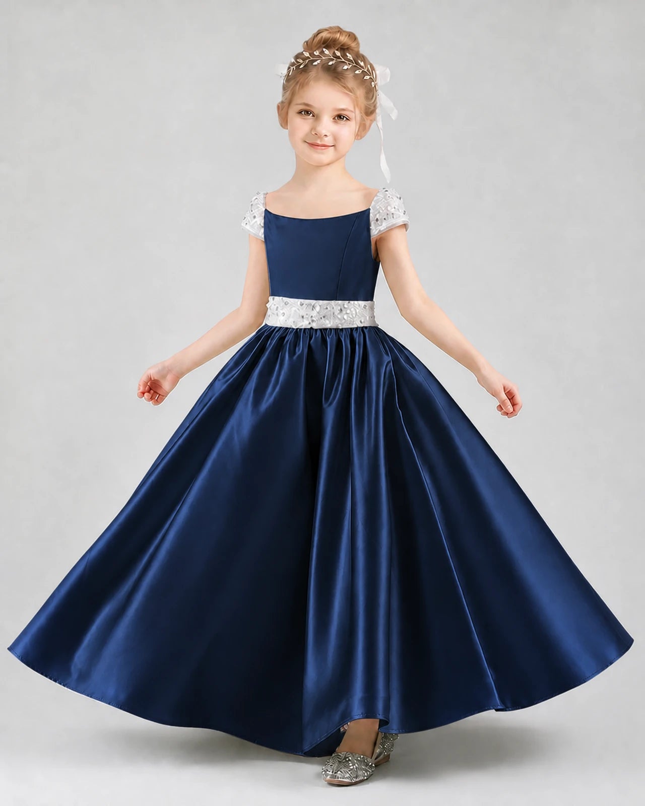 Navy Blue Satin A-line Pageant Dress