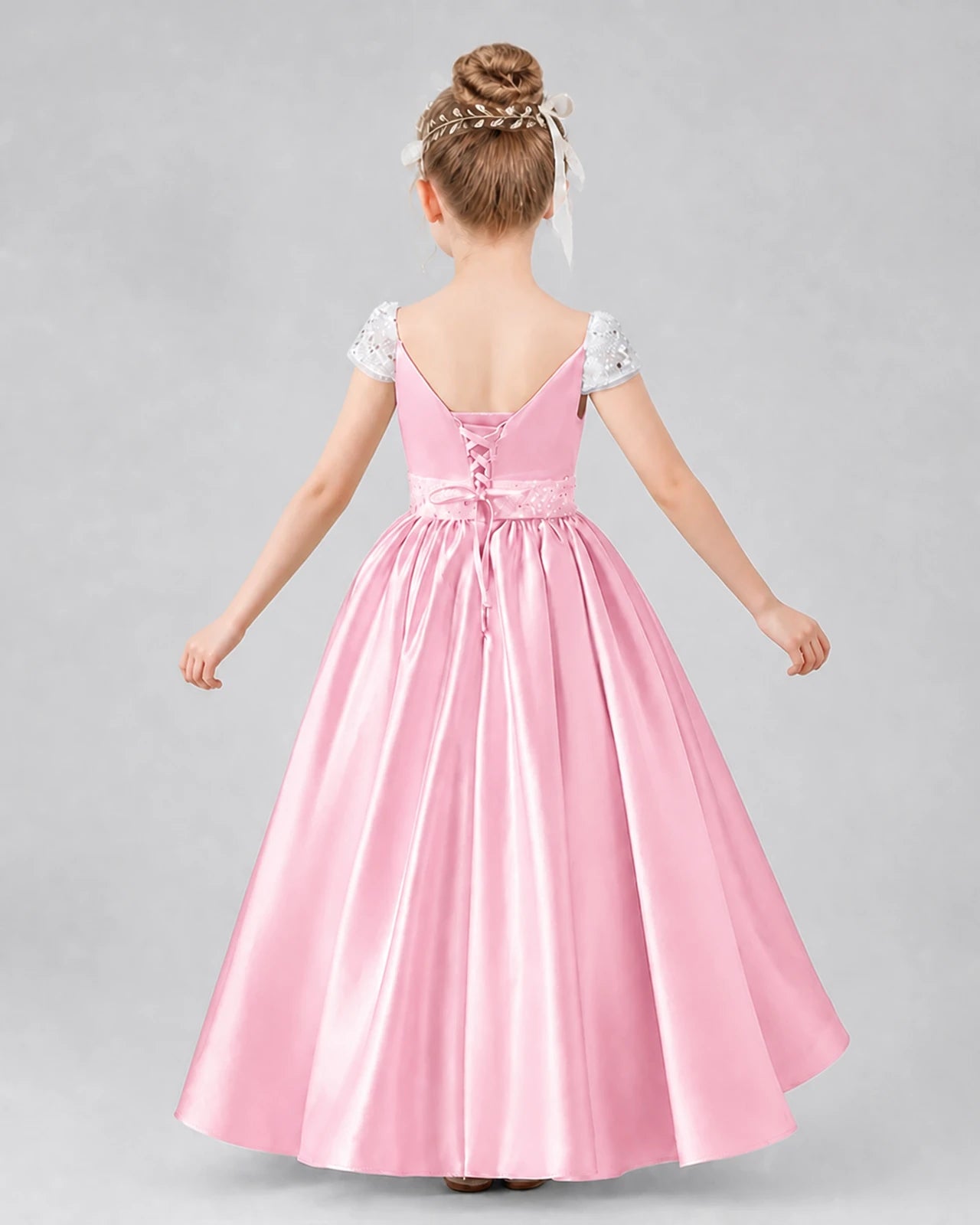 Pink satin A-line pageant dress, Back View