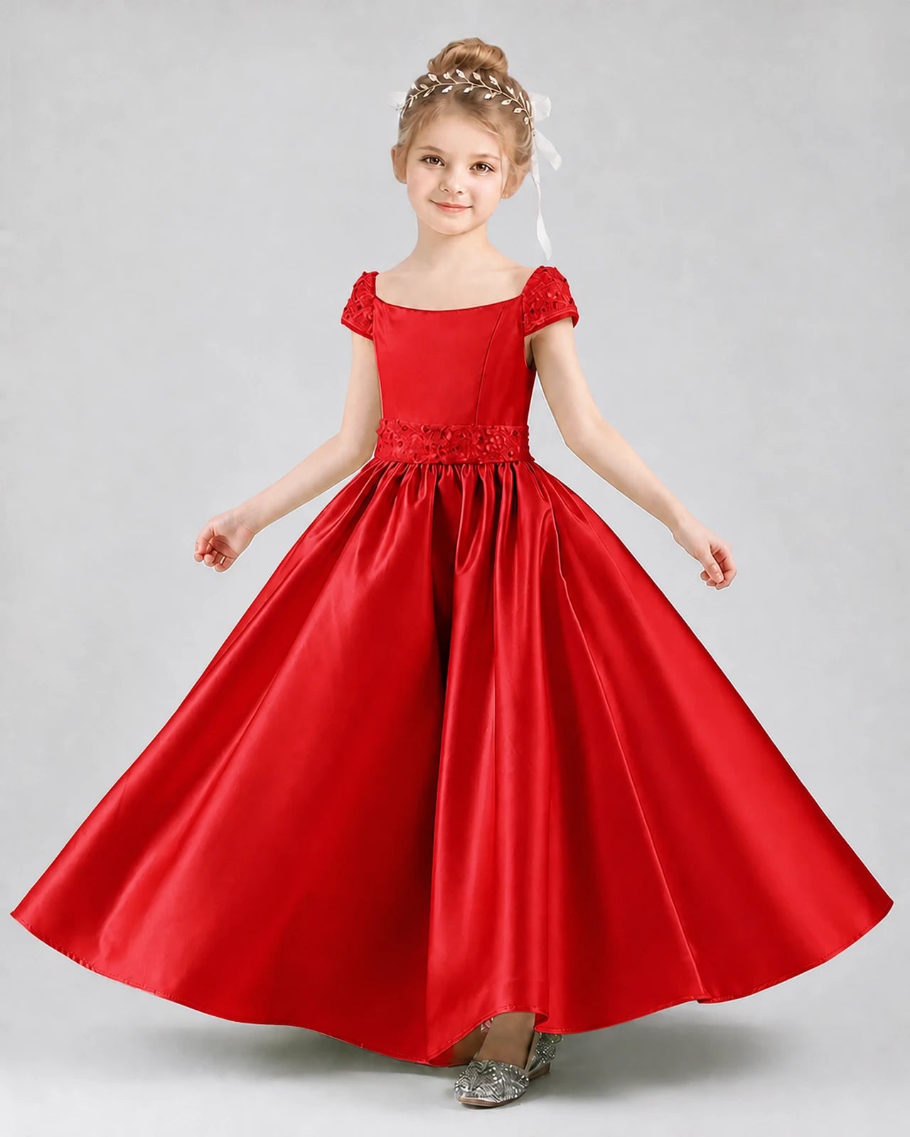 Red Satin Cap Sleeve A-Line Pageant Dress