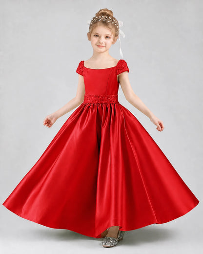 Red Satin Cap Sleeve A-Line Pageant Dress