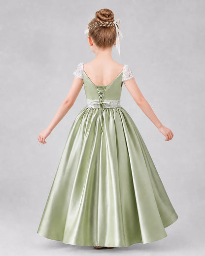 Sage Green Satin A-Line Pageant Dresses Back View
