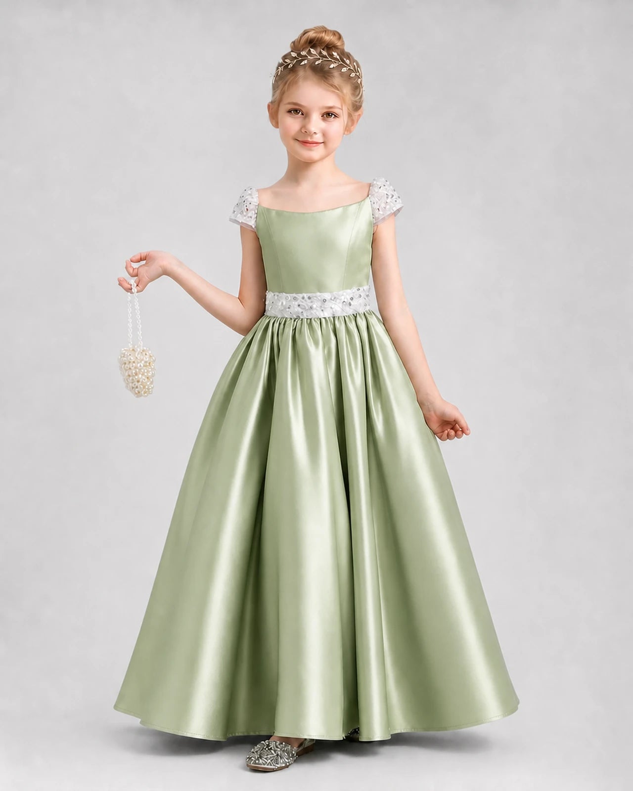 Sage Green Satin A-Line Pageant Dresses Front View