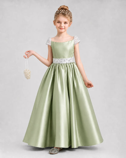 Sage Green Satin A-Line Pageant Dresses Front View