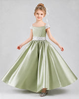Sage green satin A-line pageant dress