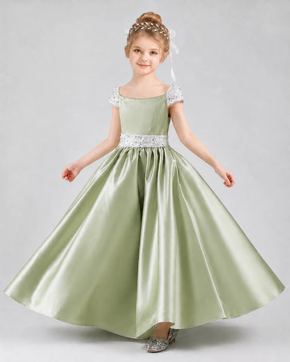 Sage green satin A-line pageant dress