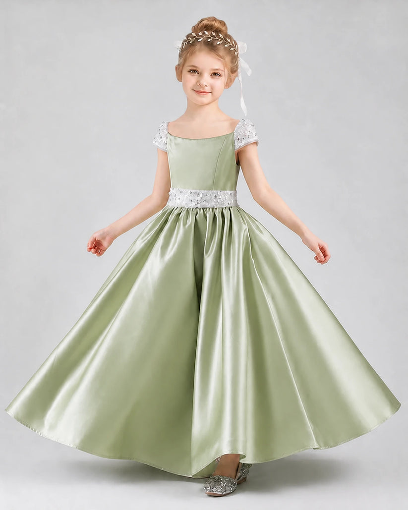 Sage green satin A-line pageant dress