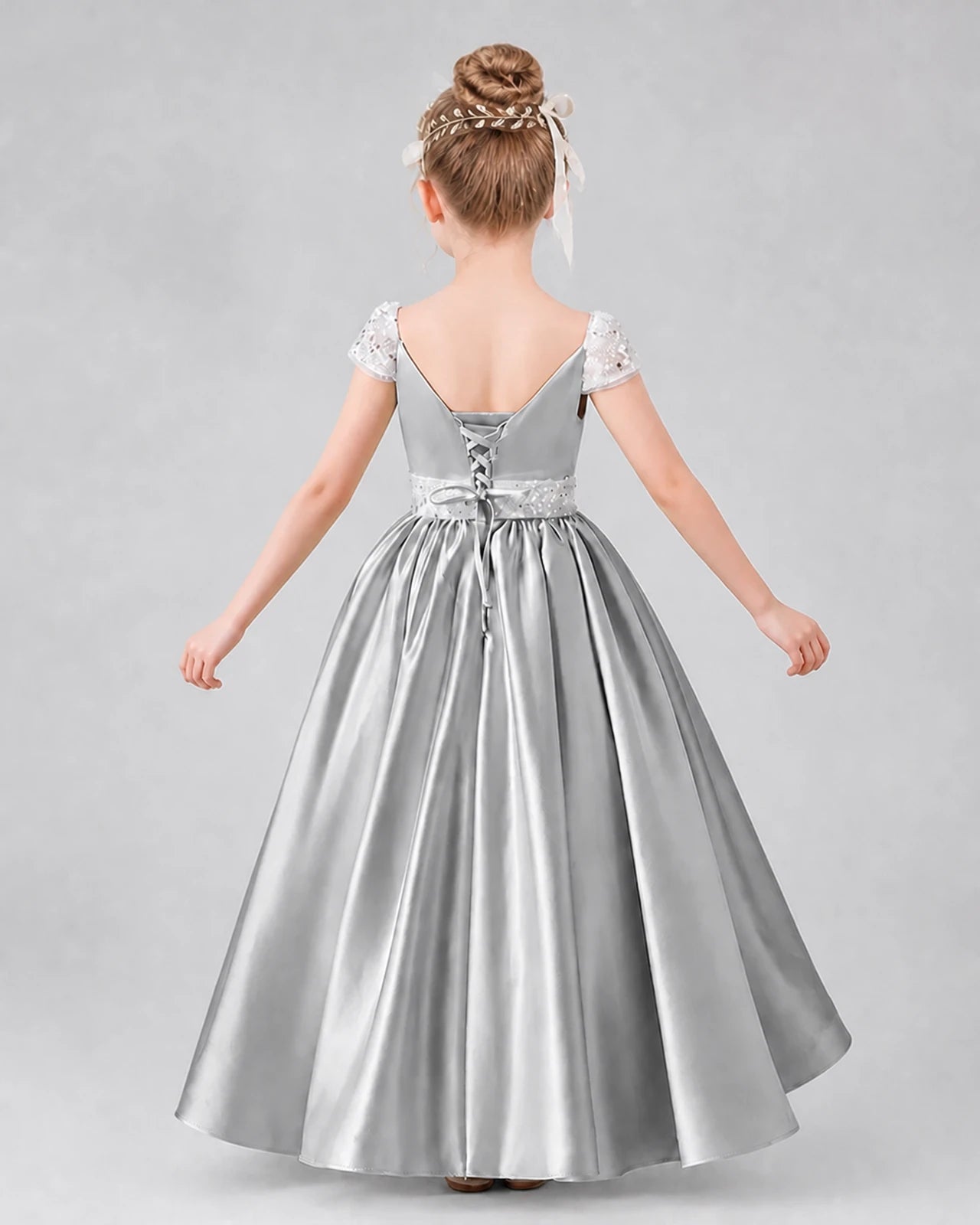 Silver Satin A-Line Pageant Dress Back View
