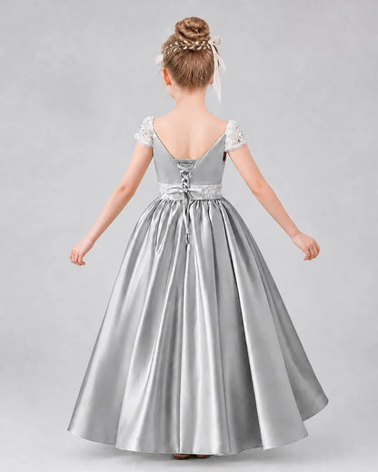 Silver Satin A-Line Pageant Dress Back View